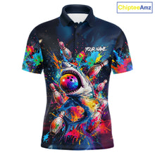 Load image into Gallery viewer, Men's bowling polo featuring colorful splatter funny shark artwork with bowling graphics, personalized bowling shirt for shark lovers, family bowling leagues, casual competitions and custom team uniforms, symbolizing fearless attitude, humor and positive energy