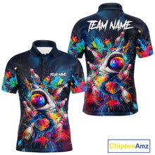 Load image into Gallery viewer, Men's bowling polo featuring colorful splatter funny shark artwork with bowling graphics, personalized bowling shirt for shark lovers, family bowling leagues, casual competitions and custom team uniforms, symbolizing fearless attitude, humor and positive energy