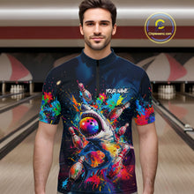 Load image into Gallery viewer, Male bowler wearing funny shark bowling jersey during league competition, premium bowling apparel for animal lovers, casual bowlers and tournament players, symbolizing fun, fearless competition and confidence.