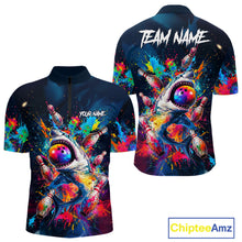 Load image into Gallery viewer, Men's quarter-zip bowling jersey featuring colorful splatter shark design with bowling elements, custom performance apparel for bowling tournaments, league teams and unique bowling gifts, representing creativity, confidence and competitive spirit.