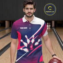 Load image into Gallery viewer, Male bowler wearing white, blue and pink bowling jersey during league tournament, premium bowling apparel for sports enthusiasts, bowling clubs and competitive athletes, symbolizing confidence, sportsmanship and success.
