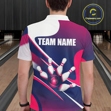 Load image into Gallery viewer, Male bowler wearing white, blue and pink bowling jersey during league tournament, premium bowling apparel for sports enthusiasts, bowling clubs and competitive athletes, symbolizing confidence, sportsmanship and success.