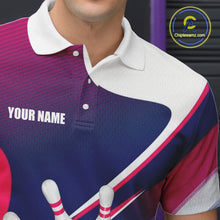 Load image into Gallery viewer, Male bowler wearing white, blue and pink bowling jersey during league tournament, premium bowling apparel for sports enthusiasts, bowling clubs and competitive athletes, symbolizing confidence, sportsmanship and success.