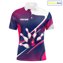 Load image into Gallery viewer, Men's bowling polo featuring white, blue and pink bowling ball with pins, personalized performance bowling apparel for league competitions, bowling clubs, tournaments and custom team uniforms, symbolizing friendship, balance and positive energy.