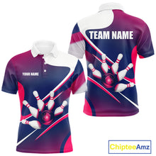 Load image into Gallery viewer, Men's bowling polo featuring white, blue and pink bowling ball with pins, personalized performance bowling apparel for league competitions, bowling clubs, tournaments and custom team uniforms, symbolizing friendship, balance and positive energy.