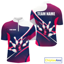 Load image into Gallery viewer, Men's quarter-zip bowling jersey featuring white, blue and pink bowling graphics, moisture-wicking bowling apparel for USBC tournaments, bowling leagues and championship team uniforms, representing confidence, teamwork and performance.