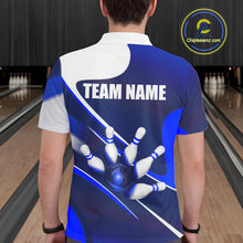 Load image into Gallery viewer, Male bowler wearing white and blue bowling jersey during professional tournament, premium bowling apparel for league champions, bowling enthusiasts and sports clubs, symbolizing discipline, confidence and success.