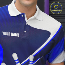 Load image into Gallery viewer, Male bowler wearing white and blue bowling jersey during professional tournament, premium bowling apparel for league champions, bowling enthusiasts and sports clubs, symbolizing discipline, confidence and success.