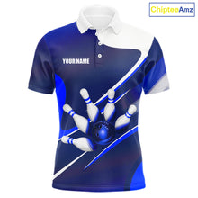 Load image into Gallery viewer, Men's bowling polo featuring white and blue bowling ball and pins, personalized bowling apparel for league championships, USBC tournaments, bowling clubs and custom team uniforms, symbolizing precision, professionalism and competitive excellence.