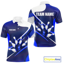 Load image into Gallery viewer, Men's bowling polo featuring white and blue bowling ball and pins, personalized bowling apparel for league championships, USBC tournaments, bowling clubs and custom team uniforms, symbolizing precision, professionalism and competitive excellence.