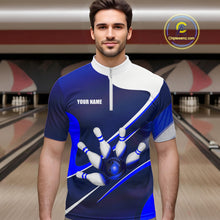 Load image into Gallery viewer, Male bowler wearing white and blue bowling jersey during professional tournament, premium bowling apparel for league champions, bowling enthusiasts and sports clubs, symbolizing discipline, confidence and success.