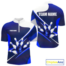 Load image into Gallery viewer, Men's quarter-zip bowling jersey featuring classic white and blue bowling graphics, premium performance bowling apparel for league competitions, bowling tournaments and professional team uniforms, representing focus, consistency and victory.