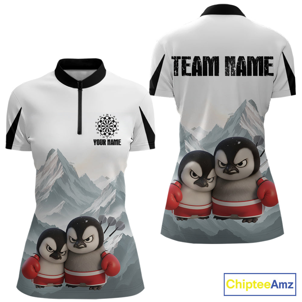 Boxing Fierce Penguin Duo Couple Women Darts 1/4-Zip Shirt Custom Funny Dart Team Jerseys NYN2357