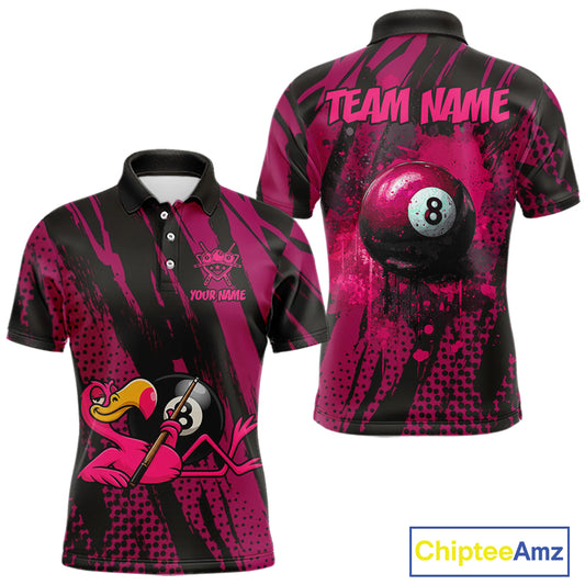Funny Flamingo Pool Men's Billiard Team Shirts Custom Pink Grunge 8 Ball Billiard Attire NYN2363