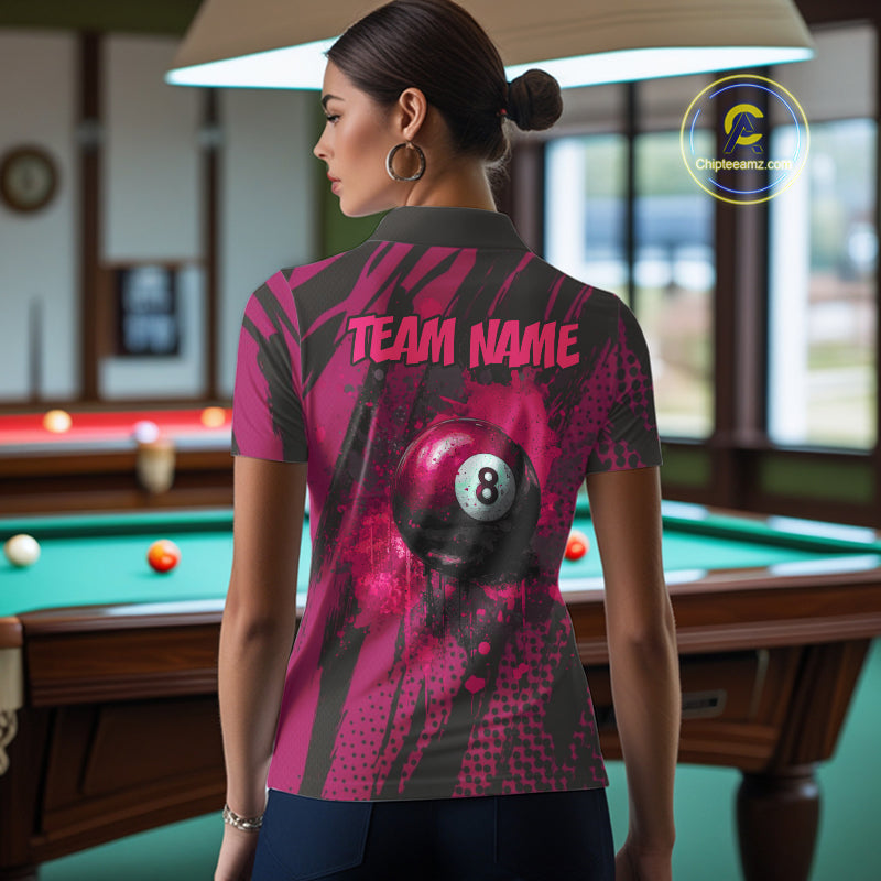Funny Flamingo Pool Women's Billiard Team Shirts Custom Pink Grunge 8 Ball Billiard Attire NYN2363