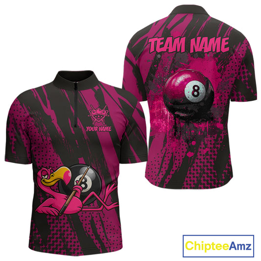 Funny Flamingo Pool Men's Billiard Team Shirts Custom Pink Grunge 8 Ball Billiard Attire NYN2363