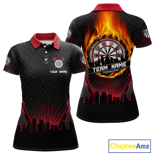 Custom Black And Red Fire Flame Dartboard Dart Shirts For Women, Dart Tournament Jerseys NYN0071