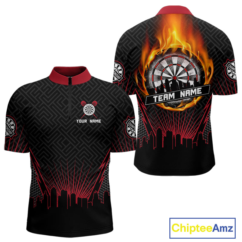 Custom Black And Red Fire Flame Dartboard Dart Shirts For Men, Dart Tournament Jerseys NYN0071