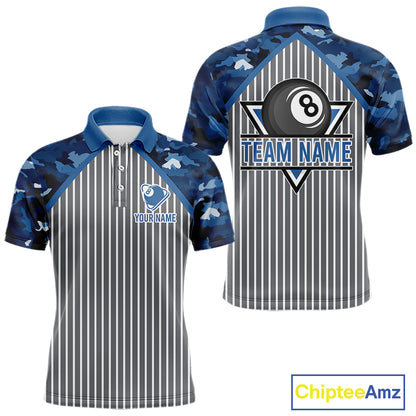 Blue Camouflage 8 Ball Pool Polo & 1/4-Zip Shirt Custom Billiard Shirts For Men Billiard Team Attire NYN2979
