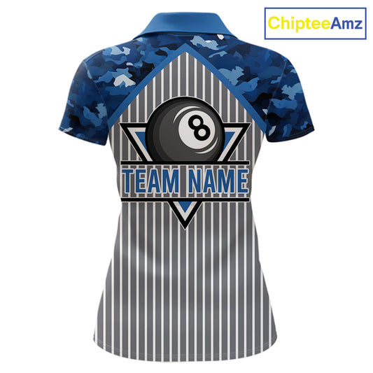Blue Camouflage 8 Ball Pool Polo & 1/4-Zip Shirt Custom Billiard Shirts For Women Billiard Team Attire NYN2979