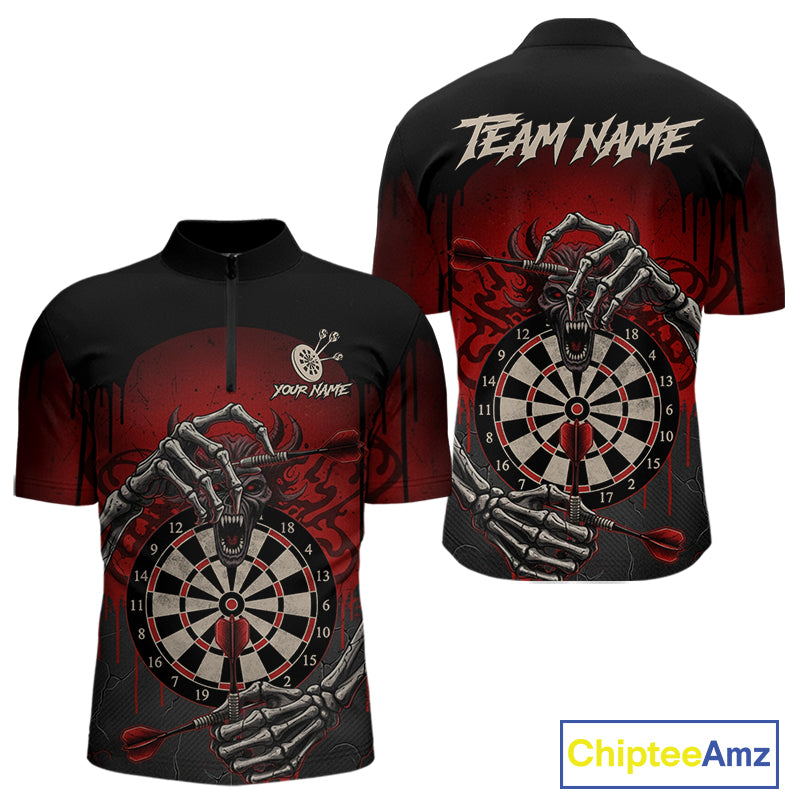 Custom Devil Skeleton Red Dripping Dartboard Men Darts Quarter-Zip Shirt Outfits Dart Jerseys NYN1855