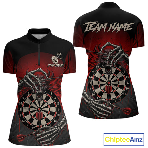 Custom Devil Skeleton Red Dripping Dartboard Women Darts Quarter-Zip Shirt Outfits Dart Jerseys NYN1855