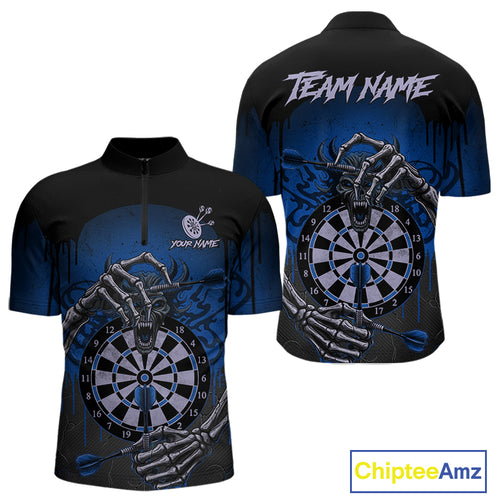 Custom Devil Skeleton Blue Dripping Dartboard Men Darts Quarter-Zip Shirt Outfits Dart Jerseys NYN1856