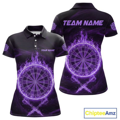 Purple Flames Dartboard & Arrow Custom Women  Darts Polo Shirt Fire Flame Dart Jerseys NYN1862
