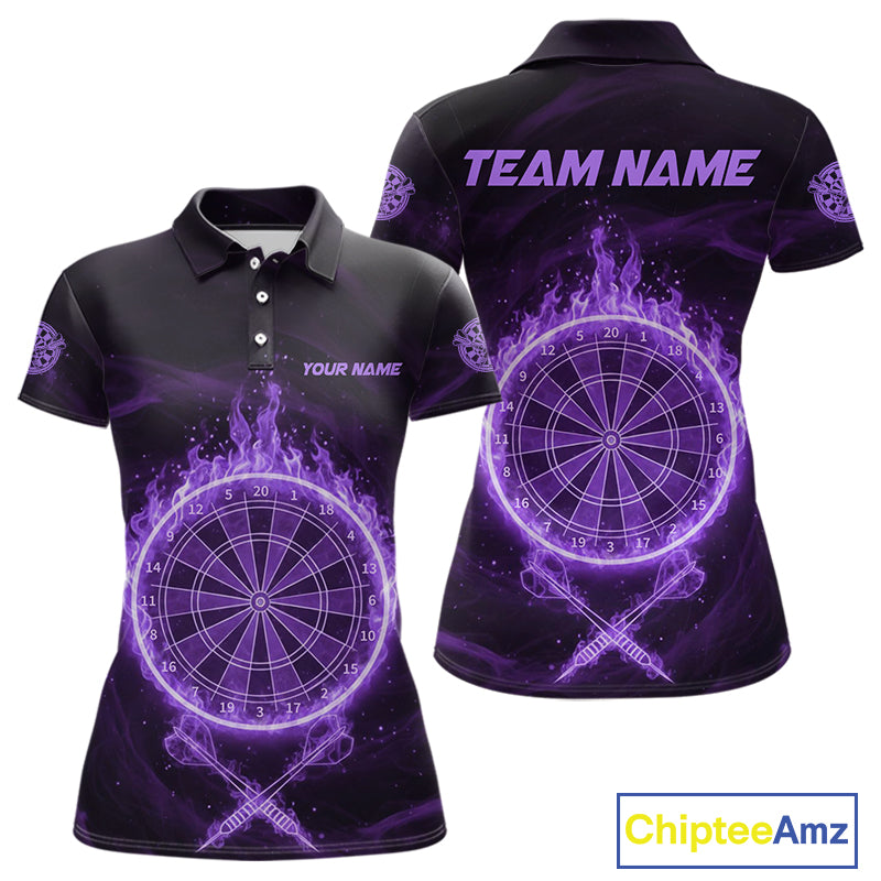 Purple Flames Dartboard & Arrow Custom Women  Darts Polo Shirt Fire Flame Dart Jerseys NYN1862
