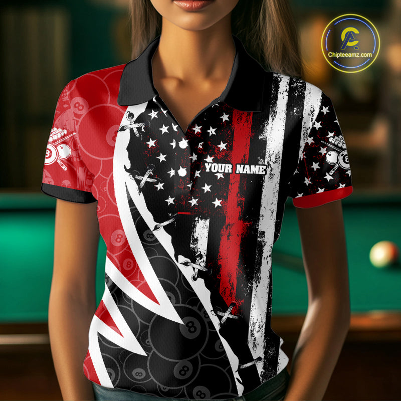 Black & Red US Flag 8 Ball Women Billiard Team Shirt Custom Polo & 1/4-Zip Pool Billiard Attire NYN2377