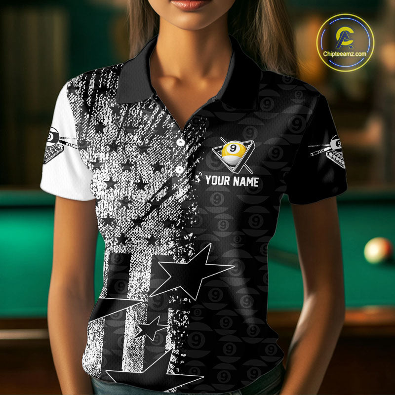 US Flag Grunge 9 Ball Pool Women Billiard Team Shirt Personalized Polo & 1/4-Zip Billiard Gifts NYN2380