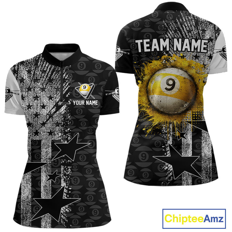 US Flag Grunge 9 Ball Pool Women Billiard Team Shirt Personalized Polo & 1/4-Zip Billiard Gifts NYN2380