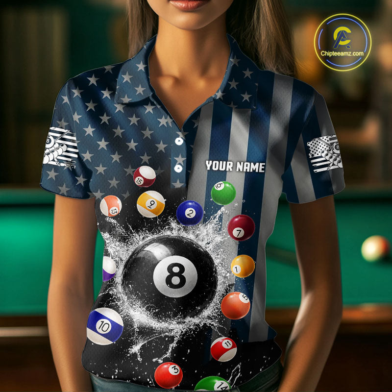 Watering 8 Ball Women Billiard Polo & 1/4-Zip Shirt Custom US Flag Pool Billiard Team Apparel NYN2384