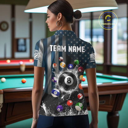 Watering 8 Ball Women Billiard Polo & 1/4-Zip Shirt Custom US Flag Pool Billiard Team Apparel NYN2384