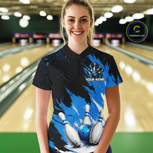 Load image into Gallery viewer, Black, White &amp; Blue Splatter Women Bowling Shirt Custom Grunge Polo Quarter-Zip Bowling Team Jersey NYN3682
