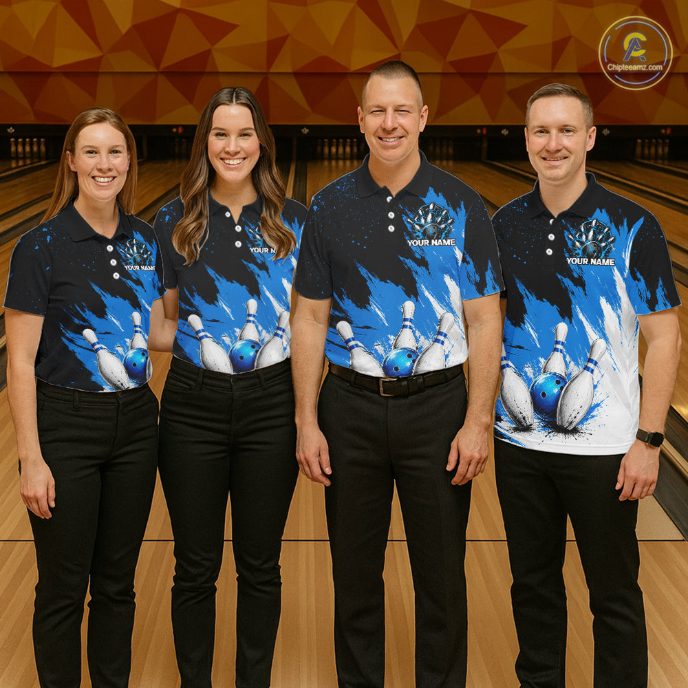 Black, White & Blue Splatter Women Bowling Shirt Custom Grunge Polo Quarter-Zip Bowling Team Jersey NYN3682