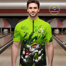 Load image into Gallery viewer, Funny Frog Bowling Ball And Pins Shirt For Men Custom Green Polo Quarter-Zip Bowling Team Attire NYN3685