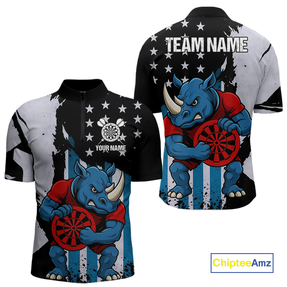 Custom Blue Red Rhino Dartboard Funny Dart Men 1/4-Zip Shirt US Flag Dart Jerseys NYN1568