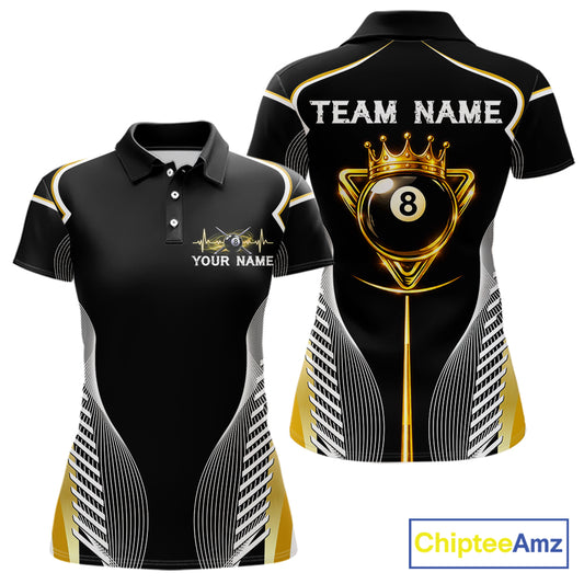 Black & Gold 8 Ball Pool Crown Women Billiard Team Shirt Custom Billiards Balls & Cue Gifts NYN2394