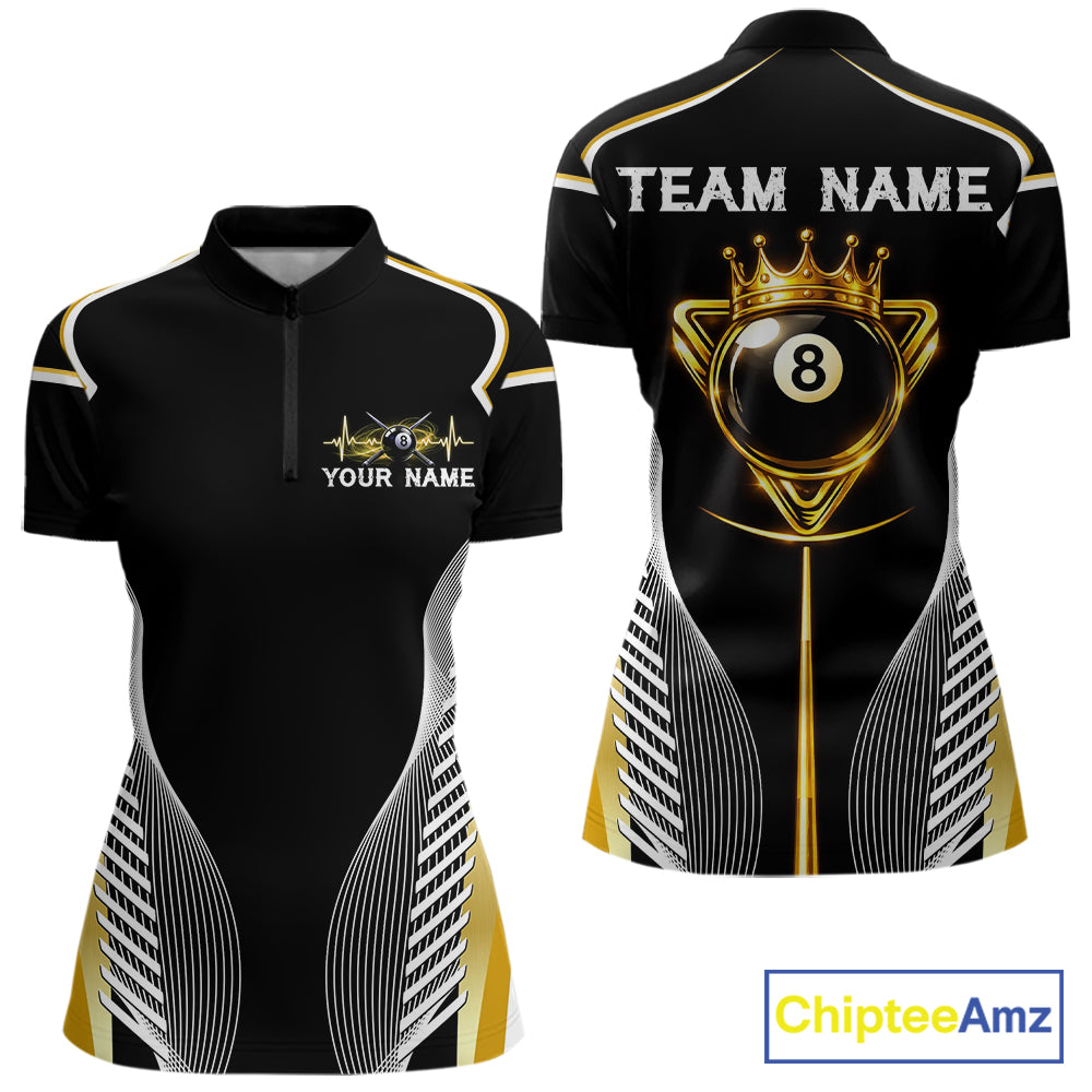 Black & Gold 8 Ball Pool Crown Women Billiard Team Shirt Custom Billiards Balls & Cue Gifts NYN2394