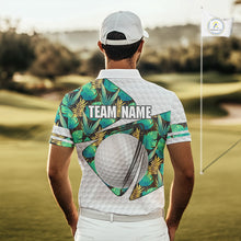 Load image into Gallery viewer, Custom Name Green Tropical Pattern Golf Mens Polo Shirt, Best White Ball Golf Clothing For Mens NYN2992