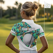 Load image into Gallery viewer, Custom Name Green Tropical Pattern Golf Women Polo Shirt, Best White Ball Golf Clothing For Women NYN2992