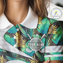 Load image into Gallery viewer, Custom Name Green Tropical Pattern Golf Women Polo Shirt, Best White Ball Golf Clothing For Women NYN2992