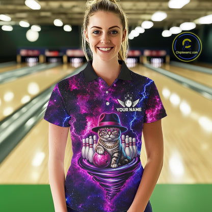 Cool Cat Funny Bowling Polo 1/4-Zip Shirts For Women Custom Galaxy Tornado Bowling Team Jerseys NYN3412