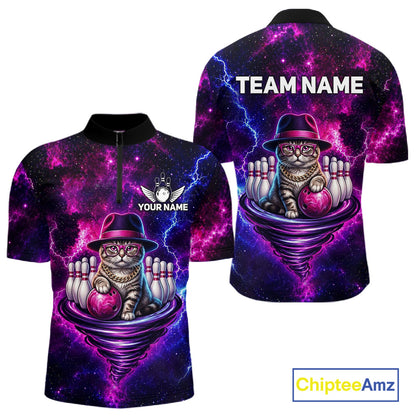 Cool Cat Galaxy Tornado Bowling Polo Quarter Zip Shirt For Men Custom Bowling Team Jersey