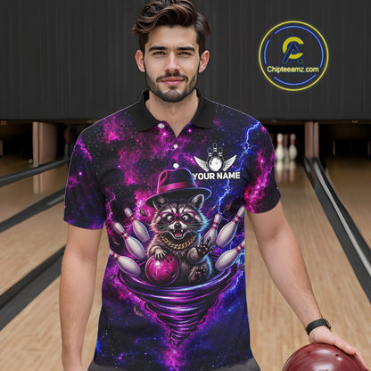 Raccoon Funny Bowling Polo 1/4-Zip Shirts For Men Custom Galaxy Tornado Bowling Team Jerseys NYN3413