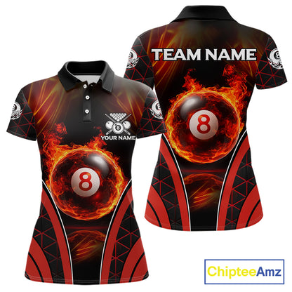 Red Flames Pool 8 Ball Women Billiard Polo & 1/4-Zip Shirts Custom Billiard Team Shirt Designs NYN2404