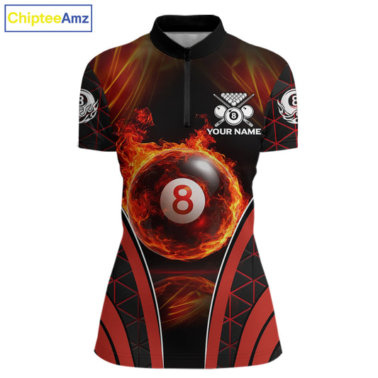 Red Flames Pool 8 Ball Women Billiard Polo & 1/4-Zip Shirts Custom Billiard Team Shirt Designs NYN2404