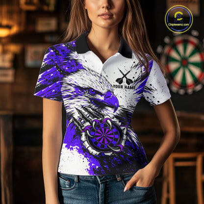 Custom Purple Grunge Eagle Scratch Dartboard Women Darts Polo & 1/4-Zip Shirts Dart Team Jerseys NYN2796