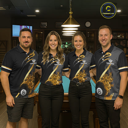 Yellow & Black Fire Flame 8 Ball Pool Billiard Shirt For Men Personalized Billiard Team Attire NYN3427